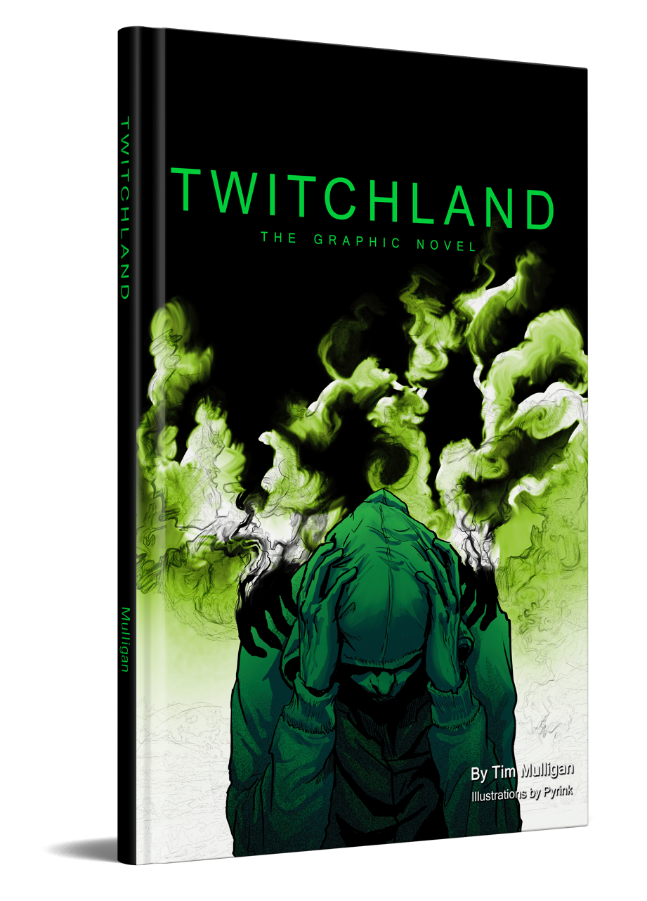 Cover of Graphic Novel Twitchland by Tim Mulligan featuring eerie green smoke and a hooded figure in distress